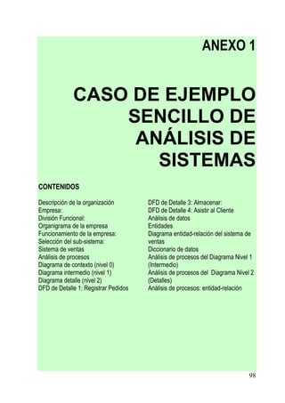 ANEXO 1


             CASO DE EJEMPLO
                 SENCILLO DE
                  ANÁLISIS DE
                    SISTEMAS
CONTENIDOS

Descripción de la organización        DFD de Detalle 3: Almacenar:
Empresa:                              DFD de Detalle 4: Asistir al Cliente
División Funcional:                   Análisis de datos
Organigrama de la empresa             Entidades
Funcionamiento de la empresa:         Diagrama entidad-relación del sistema de
Selección del sub-sistema:            ventas
Sistema de ventas                     Diccionario de datos
Análisis de procesos                  Análisis de procesos del Diagrama Nivel 1
Diagrama de contexto (nivel 0)        (Intermedio)
Diagrama intermedio (nivel 1)         Análisis de procesos del Diagrama Nivel 2
Diagrama detalle (nivel 2)            (Detalles)
DFD de Detalle 1: Registrar Pedidos   Análisis de procesos: entidad-relación




                                                                             98
 