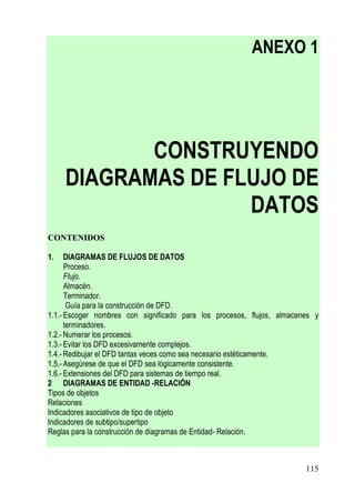 ANEXO 1




            CONSTRUYENDO
     DIAGRAMAS DE FLUJO DE
                    DATOS
CONTENIDOS

1.    DIAGRAMAS DE FLUJOS DE DATOS
      Proceso.
      Flujo.
      Almacén.
      Terminador.
       Guía para la construcción de DFD.
1.1.- Escoger nombres con significado para los procesos, flujos, almacenes y
      terminadores.
1.2.- Numerar los procesos.
1.3.- Evitar los DFD excesivamente complejos.
1.4.- Redibujar el DFD tantas veces como sea necesario estéticamente.
1.5.- Asegúrese de que el DFD sea lógicamente consistente.
1.6.- Extensiones del DFD para sistemas de tiempo real.
2 DIAGRAMAS DE ENTIDAD -RELACIÓN
Tipos de objetos
Relaciones
Indicadores asociativos de tipo de objeto
Indicadores de subtipo/supertipo
Reglas para la construcción de diagramas de Entidad- Relación.



                                                                        115
 