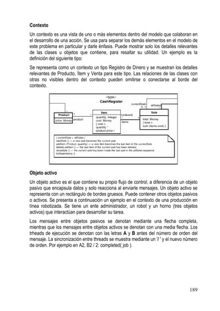 Contexto
Un contexto es una vista de uno o más elementos dentro del modelo que colaboran en
el desarrollo de una acción. Se usa para separar los demás elementos en el modelo de
este problema en particular y darle énfasis. Puede mostrar solo los detalles relevantes
de las clases u objetos que contiene, para resaltar su utilidad. Un ejemplo es la
definición del siguiente tipo:
Se representa como un contexto un tipo Registro de Dinero y se muestran los detalles
relevantes de Producto, Ítem y Venta para este tipo. Las relaciones de las clases con
otras no visibles dentro del contexto pueden omitirse o conectarse al borde del
contexto.




Objeto activo
Un objeto activo es el que contiene su propio flujo de control, a diferencia de un objeto
pasivo que encapsula datos y solo reacciona al enviarle mensajes. Un objeto activo se
representa con un rectángulo de bordes gruesos. Puede contener otros objetos pasivos
o activos. Se presenta a continuación un ejemplo en el contexto de una producción en
línea robotizada. Se tiene un ente administrador, un robot y un horno (tres objetos
activos) que interactúan para desarrollar su tarea.
Los mensajes entre objetos pasivos se denotan mediante una flecha completa,
mientras que los mensajes entre objetos activos se denotan con una media flecha. Los
trheads de ejecución se denotan con las letras A y B antes del número de orden del
mensaje. La sincronización entre threads se muestra mediante un '/ ' y el nuevo número
de orden. Por ejemplo en A2, B2 / 2: completed( job ).




                                                                                    189
 