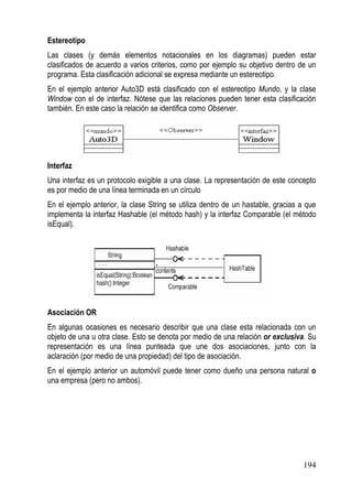 Estereotipo
Las clases (y demás elementos notacionales en los diagramas) pueden estar
clasificados de acuerdo a varios criterios, como por ejemplo su objetivo dentro de un
programa. Esta clasificación adicional se expresa mediante un estereotipo.
En el ejemplo anterior Auto3D está clasificado con el estereotipo Mundo, y la clase
Window con el de interfaz. Nótese que las relaciones pueden tener esta clasificación
también. En este caso la relación se identifica como Observer.




Interfaz
Una interfaz es un protocolo exigible a una clase. La representación de este concepto
es por medio de una línea terminada en un círculo
En el ejemplo anterior, la clase String se utiliza dentro de un hastable, gracias a que
implementa la interfaz Hashable (el método hash) y la interfaz Comparable (el método
isEqual).




Asociación OR
En algunas ocasiones es necesario describir que una clase esta relacionada con un
objeto de una u otra clase. Esto se denota por medio de una relación or exclusiva. Su
representación es una línea punteada que une dos asociaciones, junto con la
aclaración (por medio de una propiedad) del tipo de asociación.
En el ejemplo anterior un automóvil puede tener como dueño una persona natural o
una empresa (pero no ambos).




                                                                                  194
 