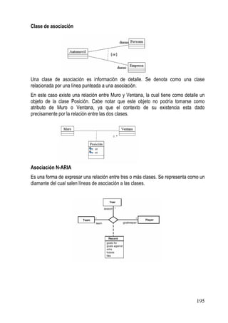 Clase de asociación




Una clase de asociación es información de detalle. Se denota como una clase
relacionada por una línea punteada a una asociación.
En este caso existe una relación entre Muro y Ventana, la cual tiene como detalle un
objeto de la clase Posición. Cabe notar que este objeto no podría tomarse como
atributo de Muro o Ventana, ya que el contexto de su existencia esta dado
precisamente por la relación entre las dos clases.




Asociación N-ARIA
Es una forma de expresar una relación entre tres o más clases. Se representa como un
diamante del cual salen líneas de asociación a las clases.




                                                                                195
 