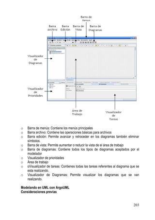o   Barra de menús: Contiene los menús principales
o   Barra archivo: Contiene las operaciones básicas para archivos
o   Barra edición: Permite avanzar y retroceder en los diagramas también eliminar
    símbolos.
o   Barra de vista: Permite aumentar o reducir la vista de el área de trabajo
o   Barra de diagramas: Contiene todos los tipos de diagramas aceptados por el
    modelador
o   Visualizador de prioridades
o   Área de trabajo
o   oVisualizador de tareas: Contienes todas las tareas referentes al diagrama que se
    esta realizando.
o   Visualizador de Diagramas: Permite visualizar los diagramas que se van
    realizando.

Modelando en UML con ArgoUML
Consideraciones previas


                                                                                203
 