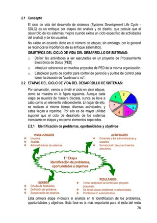 2.1 Concepto
    El ciclo de vida del desarrollo de sistemas (Systems Development Life Cycle -
    SDLC) es un enfoque por etapas del análisis y de diseño, que postula que el
    desarrollo de los sistemas mejora cuando existe un ciclo específico de actividades
    del analista y de los usuarios.
    No existe un acuerdo tácito en el número de etapas; sin embargo, por lo general
    se reconoce la importancia de su enfoque sistemático.
    OBJETIVOS DEL CICLO DE VIDA DEL DESARROLLO DE SISTEMAS:
    o Definir las actividades a ser ejecutadas en un proyecto de Procesamiento
         Electrónico de Datos (PED)
    o Introducir coherencia en muchos proyectos de PED de la misma organización
    o Establecer punto de control para control de gerencia y puntos de control para
         tomar la decisión de "continuar o no".
2.2 ETAPAS DEL CICLO DE VIDA DEL DESARROLLO DE SISTEMAS:
    Por convención, vamos a dividir el ciclo en siete etapas,
    como se muestra en la figura siguiente. Aunque cada
    etapa se muestra de manera discreta, nunca se lleva a
    cabo como un elemento independiente. En lugar de ello,
    se realizan al mismo tiempo diversas actividades, y
    estas llegan a repetirse. Por ello es de mayor utilidad
    suponer que el ciclo de desarrollo de los sistemas
    transcurre en etapas y no como elementos separados.
    2.2.1 Identificación de problemas, oportunidades y objetivos

        INVOLUCRADOS                                                    ACTIVIDADES
      Usuarios.                                              Entrevista a los administradores y
      Analista.                                              usuarios.
      Administradores de sistemas                            Sumarización de conocimientos
                                                             adquiridos.


                                    1ª Etapa
                       Identificación de problemas,
                        oportunidades y objetivos


                                                              RESULTADOS
             GENERA                            Tomar la decisión se continúa el proyecto
      Estudio de factibilidad.                 propuesto.
      Definición del problema.                 Se desea atacar problemas no relacionados.
      Sumarización de objetivos.               Problemas no automatizados.
    Esta primera etapa involucra al analista en la identificación de los problemas,
    oportunidades y objetivos. Esta fase es la más importante para el éxito del resto
                                                                                  26
 
