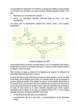 Las actividades se representan por la flechas, la longitud de la flecha no esta asociado
a la duración de la actividad. Los nodos circulares, también llamados eventos, sirven
para:
o Reconocer que una actividad ha concluido
o Indicar que actividades necesitan concluirse antes de iniciar una nueva
     (precedencia)
Los nodos, para su identificación, pueden tener número, letras u otra cualquier
identificación.




                             Ejemplo de diagrama de PERT
Todo proyecto tiene un principio, una parte media y un fin. A la trayectoria mas larga se
le denomina ruta critica, es el trayecto más largo y un atraso en dicho trayecto implicara
un retraso en todo el proyecto.
Para mantener la lógica y caridad de los diagramas es necesario la utilización de
actividades ficticia (duración cero) o dummy.
El tiempo de holgura puede obtenerse para cada uno de los eventos y con ello se sabrá
el del tiempo que se dispone para concluir una actividad antes de que se arriesgue la
duración global de proyecto. Para obtener la holgura, primero deberá determinarse el
fin temprano (FT) y el inicio tardío (IT). El fin temprano de un evento es el momento en
el que más tempranamente es posible concluir todas las actividades que convergen a
tal nodo. El inicio tardío es el último momento disponible para iniciar aquellas
actividades que se originan en tal nodo. La diferencia entre el FT y IT es la holgura
particular del evento. El diagrama de PERT nos permite:
o La identificación fácil del orden de la precedencia
o La identificación fácil de la ruta critica; y consecuentemente, de las actividades
      criticas
                                                                                      35
 