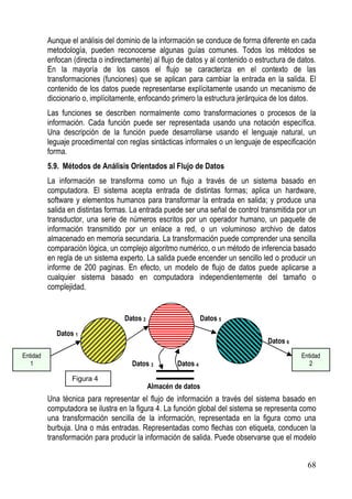 Aunque el análisis del dominio de la información se conduce de forma diferente en cada
          metodología, pueden reconocerse algunas guías comunes. Todos los métodos se
          enfocan (directa o indirectamente) al flujo de datos y al contenido o estructura de datos.
          En la mayoría de los casos el flujo se caracteriza en el contexto de las
          transformaciones (funciones) que se aplican para cambiar la entrada en la salida. El
          contenido de los datos puede representarse explícitamente usando un mecanismo de
          diccionario o, implícitamente, enfocando primero la estructura jerárquica de los datos.
          Las funciones se describen normalmente como transformaciones o procesos de la
          información. Cada función puede ser representada usando una notación específica.
          Una descripción de la función puede desarrollarse usando el lenguaje natural, un
          leguaje procedimental con reglas sintácticas informales o un lenguaje de especificación
          forma.
          5.9. Métodos de Análisis Orientados al Flujo de Datos
          La información se transforma como un flujo a través de un sistema basado en
          computadora. El sistema acepta entrada de distintas formas; aplica un hardware,
          software y elementos humanos para transformar la entrada en salida; y produce una
          salida en distintas formas. La entrada puede ser una señal de control transmitida por un
          transductor, una serie de números escritos por un operador humano, un paquete de
          información transmitido por un enlace a red, o un voluminoso archivo de datos
          almacenado en memoria secundaria. La transformación puede comprender una sencilla
          comparación lógica, un complejo algoritmo numérico, o un método de inferencia basado
          en regla de un sistema experto. La salida puede encender un sencillo led o producir un
          informe de 200 paginas. En efecto, un modelo de flujo de datos puede aplicarse a
          cualquier sistema basado en computadora independientemente del tamaño o
          complejidad.


                                   Datos 2                      Datos 5

             Datos 1
                                                                                   Datos 6
Entidad                                                                                        Entidad
   1                                  Datos 3         Datos 4                                     2

                  Figura 4
                                             Almacén de datos
          Una técnica para representar el flujo de información a través del sistema basado en
          computadora se ilustra en la figura 4. La función global del sistema se representa como
          una transformación sencilla de la información, representada en la figura como una
          burbuja. Una o más entradas. Representadas como flechas con etiqueta, conducen la
          transformación para producir la información de salida. Puede observarse que el modelo


                                                                                                 68
 