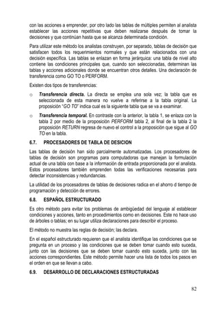 con las acciones a emprender, por otro lado las tablas de múltiples permiten al analista
establecer las acciones repetitivas que deben realizarse después de tomar la
decisiones y que continúan hasta que se alcanza determinada condición.
Para utilizar este método los analistas construyen, por separado, tablas de decisión que
satisfacen todos los requerimientos normales y que están relacionados con una
decisión específica. Las tablas se enlazan en forma jerárquica: una tabla de nivel alto
contiene las condiciones principales que, cuando son seleccionadas, determinan las
tablas y acciones adicionales donde se encuentran otros detalles. Una declaración de
transferencia como GO TO o PERFORM.
Existen dos tipos de transferencias:
o      Transferencia directa. La directa se emplea una sola vez; la tabla que es
       seleccionada de esta manera no vuelve a referirse a la tabla original. La
       proposición “GO TO” indica cual es la siguiente tabla que se va a examinar.
o      Transferencia temporal. En contraste con la anterior, la tabla 1, se enlaza con la
       tabla 2 por medio de la proposición PERFORM tabla 2, al final de la tabla 2 la
       proposición RETURN regresa de nuevo el control a la proposición que sigue al GO
       TO en la tabla.
6.7.     PROCESADORES DE TABLA DE DESICION
Las tablas de decisión han sido parcialmente automatizadas. Los procesadores de
tablas de decisión son programas para computadoras que manejan la formulación
actual de una tabla con base a la información de entrada proporcionada por el analista.
Estos procesadores también emprenden todas las verificaciones necesarias para
detectar inconsistencias y redundancias.
La utilidad de los procesadores de tablas de decisiones radica en el ahorro d tiempo de
programación y detección de errores.
6.8.     ESPAÑOL ESTRUCTURADO
Es otro método para evitar los problemas de ambigüedad del lenguaje al establecer
condiciones y acciones, tanto en procedimientos como en decisiones. Este no hace uso
de árboles o tablas; en su lugar utiliza declaraciones para describir el proceso.
El método no muestra las reglas de decisión; las declara.
En el español estructurado requieren que el analista identifique las condiciones que se
pregunta en un proceso y las condiciones que se deben tomar cuando esto suceda,
junto con las decisiones que se deben tomar cuando esto suceda, junto con las
acciones correspondientes. Este método permite hacer una lista de todos los pasos en
el orden en que se llevan a cabo.
6.9.     DESARROLLO DE DECLARACIONES ESTRUCTURADAS


                                                                                      82
 