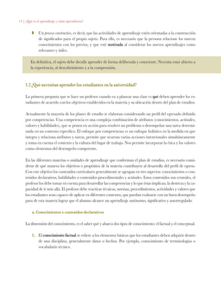 13 | ¿Qué es el aprendizaje y cómo aprendemos?
ZZ 	 Un proceso constructivo, es decir, que las actividades de aprendizaje estén orientadas a la construcción
de significados para el propio sujeto. Para ello, es necesario que la persona relacione los nuevos
conocimientos con los previos, y que esté motivada al considerar los nuevos aprendizajes como
relevantes y útiles.
En definitiva, el sujeto debe decidir aprender de forma deliberada y consciente. Necesita estar abierto a
la experiencia, al descubrimiento y a la comprensión.
1.2 ¿Qué necesitan aprender los estudiantes en la universidad?
La primera pregunta que se hace un profesor cuando va a planear una clase es qué deben aprender los es-
tudiantes de acuerdo con los objetivos establecidos en la materia y su ubicación dentro del plan de estudios.
Actualmente la mayoría de los planes de estudio se elaboran considerando un perfil del egresado definido
por competencias. Una competencia es una compleja combinación de atributos (conocimientos, actitudes,
valores y habilidades), que se ponen en acción para resolver un problema o desempeñar una tarea determi-
nada en un contexto específico. El enfoque por competencias es un enfoque holístico en la medida en que
integra y relaciona atributos y tareas, permite que ocurran varias acciones intencionales simultáneamente
y toma en cuenta el contexto y la cultura del lugar de trabajo. Nos permite incorporar la ética y los valores
como elementos del desempeño competente.
En las diferentes materias o unidades de aprendizaje que conforman el plan de estudios, es necesario consi-
derar de qué manera los objetivos o propósitos de la materia contribuyen al desarrollo del perfil de egreso.
Con este objetivo los contenidos curriculares generalmente se agrupan en tres aspectos: conocimientos o con-
tenidos declarativos, habilidades o contenidos procedimentales y actitudes. Estos contenidos son centrales, el
profesor los debe tomar en cuenta para desarrollar las competencias y lo que éstas implican, la destreza y la ca-
pacidad de ir más allá. El profesor debe reactivar técnicas, normas, procedimientos, actividades y valores que
los estudiantes sean capaces de aplicar en diferentes contextos, que puedan evaluarse con un buen desempeño
para de esta manera lograr que el alumno alcance un aprendizaje autónomo, significativo y autorregulado.
a. Conocimientos o contenidos declarativos
La dimensión del conocimiento, es el saber qué y abarca dos tipos de conocimiento: el factual y el conceptual.
1.	 El conocimiento factual se refiere a los elementos básicos que los estudiantes deben adquirir dentro
de una disciplina, generalmente datos o hechos. Por ejemplo, conocimiento de terminologías o
vocabulario técnico.
 