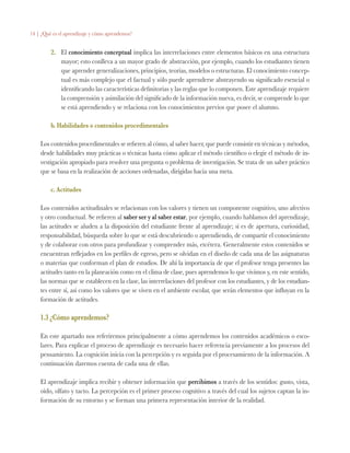 14 | ¿Qué es el aprendizaje y cómo aprendemos?
2.	 El conocimiento conceptual implica las interrelaciones entre elementos básicos en una estructura
mayor; esto conlleva a un mayor grado de abstracción, por ejemplo, cuando los estudiantes tienen
que aprender generalizaciones, principios, teorías, modelos o estructuras. El conocimiento concep-
tual es más complejo que el factual y sólo puede aprenderse abstrayendo su significado esencial o
identificando las características definitorias y las reglas que lo componen. Este aprendizaje requiere
la comprensión y asimilación del significado de la información nueva, es decir, se comprende lo que
se está aprendiendo y se relaciona con los conocimientos previos que posee el alumno.
b. Habilidades o contenidos procedimentales
Los contenidos procedimentales se refieren al cómo, al saber hacer, que puede consistir en técnicas y métodos,
desde habilidades muy prácticas o técnicas hasta cómo aplicar el método científico o elegir el método de in-
vestigación apropiado para resolver una pregunta o problema de investigación. Se trata de un saber práctico
que se basa en la realización de acciones ordenadas, dirigidas hacia una meta.
c. Actitudes
Los contenidos actitudinales se relacionan con los valores y tienen un componente cognitivo, uno afectivo
y otro conductual. Se refieren al saber ser y al saber estar, por ejemplo, cuando hablamos del aprendizaje,
las actitudes se aluden a la disposición del estudiante frente al aprendizaje; si es de apertura, curiosidad,
responsabilidad, búsqueda sobre lo que se está descubriendo o aprendiendo, de compartir el conocimiento
y de colaborar con otros para profundizar y comprender más, etcétera. Generalmente estos contenidos se
encuentran reflejados en los perfiles de egreso, pero se olvidan en el diseño de cada una de las asignaturas
o materias que conforman el plan de estudios. De ahí la importancia de que el profesor tenga presentes las
actitudes tanto en la planeación como en el clima de clase, pues aprendemos lo que vivimos y, en este sentido,
las normas que se establecen en la clase, las interrelaciones del profesor con los estudiantes, y de los estudian-
tes entre sí, así como los valores que se viven en el ambiente escolar, que serán elementos que influyan en la
formación de actitudes.
1.3 ¿Cómo aprendemos?
En este apartado nos referiremos principalmente a cómo aprendemos los contenidos académicos o esco-
lares. Para explicar el proceso de aprendizaje es necesario hacer referencia previamente a los procesos del
pensamiento. La cognición inicia con la percepción y es seguida por el procesamiento de la información. A
continuación daremos cuenta de cada una de ellas.
El aprendizaje implica recibir y obtener información que percibimos a través de los sentidos: gusto, vista,
oído, olfato y tacto. La percepción es el primer proceso cognitivo a través del cual los sujetos captan la in-
formación de su entorno y se forman una primera representación interior de la realidad.
 