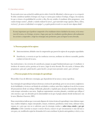 51 | Aprendizaje autónomo
Es necesario tener una actitud de análisis previo sobre el nivel de dificultad y esfuerzo que se va a requerir.
Se debe considerar también el tiempo con el que se cuenta para realizar el trabajo, el lugar y los materia-
les que se tienen o la posibilidad de acceder a ellos. En este sentido, el estudiante debe preguntarse: ¿con
cuánto tiempo cuento?, ¿dónde y cuándo realizaré la tarea?, ¿qué materiales tengo (apuntes, libros, videos,
etcétera)?, ¿la tarea es individual o en equipo? y ¿a quién puedo recurrir en caso de tener alguna duda?
Es muy importante que el profesor compruebe si los estudiantes tienen claridad en las metas, en la estruc-
tura de la tarea, en el tiempo, recursos y lugar, para que los estudiantes puedan planear adecuadamente
las acciones a emprender y elegir las estrategias más pertinentes, para así lograr la meta deseada.
b. Procesos propios de los sujetos:
ZZ 	 Autoconocimiento, definido como la comprensión que poseen los sujetos de sus propias capacidades.
ZZ 	 Autoeficacia, o creencia en que las conductas correctas, mediante un esfuerzo razonable, pueden
conducir al éxito de la tarea.
Las motivaciones y las creencias de autoeficacia, juegan un papel fundamental para que el estudiante se
involucre de manera activa, persista en la tarea y logre la meta deseada. Por esta razón, el alumno debe
preguntarse: ¿para qué?, ¿puedo hacerlo?, ¿quiero hacerlo?, ¿con qué recursos personales cuento?, ¿qué se del tema?
c. Procesos propios de las estrategias de aprendizaje:
Desarrollar el uso de diferentes estrategias, que dependerán de las tareas y metas específicas.
Las estrategias de aprendizaje incluyen destrezas y tácticas de aprendizaje, pero no son un mero conglomera-
do de habilidades y técnicas o un listado de actividades a realizar; antes bien, implican el uso de los recursos
del pensamiento desde un enfoque deliberado, planeado y regulado para alcanzar determinados objetivos,
están siempre orientadas a una meta.. Implican comportamientos conscientes, planeados y controlados que reflejan el
cómo conocemos y que son afectados por la intencionalidad con la que el propio alumno decide involucrarse con
la tarea (Martínez Guerrero, 2005).
Estas características indican que es necesario disponer de ciertas técnicas de aprendizaje (como elaborar esque-
mas, cuadros sinópticos, mapas conceptuales, ensayos, resúmenes, parafrasear, tomar notas, subrayar textos,
repasar, etc.), pero que esto no es suficiente, pues la estrategia conduce a saber cómo, cuándo y por qué
utilizarlas se debe controlar su mayor o menor eficacia, conocer en qué circunstancias es más útil una u
otra para, así, modificarla según las demandas de la tarea mediante la función autorreguladora; es decir, a tra-
 