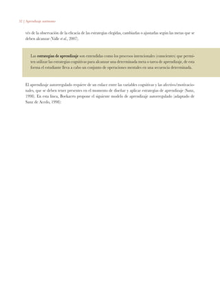 52 | Aprendizaje autónomo
vés de la observación de la eficacia de las estrategias elegidas, cambiarlas o ajustarlas según las metas que se
deben alcanzar (Valle et al., 2007).
Las estrategias de aprendizaje son entendidas como los procesos intencionales (conscientes) que permi-
ten utilizar las estrategias cognitivas para alcanzar una determinada meta o tarea de aprendizaje, de esta
forma el estudiante lleva a cabo un conjunto de operaciones mentales en una secuencia determinada.
El aprendizaje autorregulado requiere de un enlace entre las variables cognitivas y las afectivo/motivacio-
nales, que se deben tener presentes en el momento de diseñar y aplicar estrategias de aprendizaje (Sanz,
1998). En esta línea, Boekaerts propone el siguiente modelo de aprendizaje autorregulado (adaptado de
Sanz de Acedo, 1998):
 