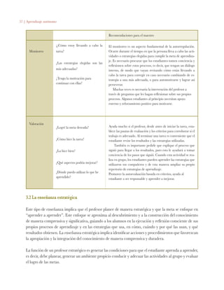 57 | Aprendizaje autónomo
3.2 La enseñanza estratégica
Este tipo de enseñanza implica que el profesor planee de manera estratégica y que la meta se enfoque en
“aprender a aprender”. Este enfoque se aproxima al descubrimiento y a la construcción del conocimiento
de manera comprensiva y significativa, guiando a los alumnos en la ejecución y reflexión consciente de sus
propios procesos de aprendizaje y en las estrategias que usa, en cómo, cuándo y por qué las usan, y qué
resultados obtienen. La enseñanza estratégica implica identificar acciones y procedimientos que favorezcan
la apropiación y la integración del conocimiento de manera comprensiva y duradera.
La función de un profesor estratégico es generar las condiciones para que el estudiante aprenda a aprender,
es decir, debe planear, generar un ambiente propicio conducir y adecuar las actividades al grupo y evaluar
el logro de las metas.
Recomendaciones para el maestro
Monitoreo
¡¿Cómo  estoy llevando a cabo la
tarea?
¿Las estrategias elegidas son las
más adecuadas?
¿Tengo la motivación para
continuar con ellas?
El monitoreo es un aspecto fundamental de la autorregulación.
Ocurre durante el tiempo en que la persona lleva a cabo las acti-
vidades o estrategias elegidas para cumplir la meta de aprendiza-
je. Es necesario procurar que los estudiantes tomen conciencia y
reflexionen sobre estos procesos, es decir, que tengan un diálogo
interno, de modo que vayan revisando cómo están llevando a
cabo la tarea para corregir en caso necesario cambiando de es-
trategia a una más adecuada, o para automotivarse y lograr así
perseverar.
Muchas veces es necesaria la intervención del profesor a
través de preguntas que les hagan reflexionar sobre sus propios
procesos. Algunos estudiantes al principio necesitan apoyo
externo y reforzamiento positivo para motivarse.
Valoración
¿Logré la meta deseada?
¿Cómo hice la tarea?
¿La hice bien?
¿Qué aspectos podría mejorar?
¿Dónde puedo utilizar lo que he
aprendido?
Ayuda mucho si el profesor, desde antes de iniciar la tarea, esta-
blece las pautas de evaluación y los criterios para corroborar si el
trabajo es adecuado. Al terminar una tarea es conveniente que el
estudiante revise los resultados y las estrategias utilizadas.
También es importante pedirle que explique el proceso que
siguió para llegar a los resultados, pues esto le ayudará a tomar
conciencia de los pasos que siguió. Cuando esta actividad se rea-
liza en grupo, los estudiantes pueden aprender las estrategias que
utilizaron sus compañeros y de esta manera ampliar su propio
repertorio de estrategias de aprendizaje.
Promover la autoevaluación basada en criterios, ayuda al
estudiante a ser responsable y aprender a mejorar.
 