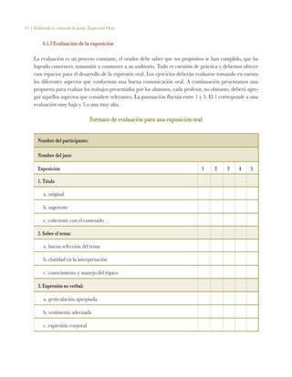 81 | Hablando se entiende la gente. Expresión Oral
4.5.3 Evaluación de la exposición
La evaluación es un proceso constante, el orador debe saber que sus propósitos se han cumplido, que ha
logrado convencer, transmitir o conmover a su auditorio. Todo es cuestión de práctica y debemos ofrecer
esos espacios para el desarrollo de la expresión oral. Los ejercicios deberán evaluarse tomando en cuenta
los diferentes aspectos que conforman una buena comunicación oral. A continuación presentamos una
propuesta para evaluar los trabajos presentados por los alumnos, cada profesor, no obstante, deberá agre-
gar aquellos aspectos que considere relevantes. La puntuación fluctúa entre 1 y 5. El 1 corresponde a una
evaluación muy baja y 5 a una muy alta.
Formato de evaluación para una exposición oral
Nombre del participante:
Nombre del juez:
Exposición 1 2 3 4 5
1. Título
a. original
b. sugerente
c. coherente con el contenido
2. Sobre el tema:
a. buena selección del tema
b. claridad en la interpretación
c. conocimiento y manejo del tópico
3. Expresión no verbal:
a. gesticulación apropiada
b. vestimenta adecuada
c. expresión corporal
 