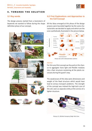 W A L L _ S Innovative Hospitality Typologies
EXP-HOST_ Great Events and Hospitality


6. TOWARDS THE SOLUTION

6.1 Key words                                     6.2 First Explorations and Approaches to
                                                     the Cell Concept
The design process started from a brainstorm of
keywords we wanted to follow during the shape     All the ideas emerged at this phase of the design
deﬁnition phase of our concept.                   process were bounded together by the same cha-
                                                  racteristics we decided to apply and which are the
                                                  ones synthetically illustrated in the picture below.


                                                  The examples that follow are the ones through
                                                  which our ﬁnal concept has passed through, each
                                                  one has been analyzed in its pros and cons ele-
                                                  ments so that in the following design phase some
                                                  elements could be maintained and others overco-
                                                  me. It will follow a short description and comment
                                                  to the ideas we produced in order to deﬁne the
                                                  deﬁnitive solution: Wall_s.

                                                               Picture 20: Cell’s Characteristics Scheme

                                                  XSCellul
                                                  For this very ﬁrst concept we focused on the chan-
                                                  ce to aggregate more light and ﬂexible modules
                                                  into a ﬁxer structure containing all the plants ne-
                                                  cessary during the guest’s stay.


                                                  The weaknesses of this idea were dimensions and
                                                  weight of the ﬁxed structure which would have
                                                  lead to serious transport problems. The strength
                                                  of the concept was instead the high-tech core of
                                                  the cell, seen as separate entity at the service of a
                                                  lighter structure.




                                                             Picture 21: XSCellul Concept of High-Tech Core




                                                                                                              31
 