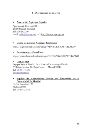 6 Direcciones de interés
• Asociación Asperger España
Apartado de Correos 244
28080 Madrid [España]
Tel: 639.363.000
email: infor@asperger.es url: http://www.asperger.es
• Grupo de noticias Asperger-Castellano
http://es.groups.yahoo.com/group/ASPERGER_CASTELLANO/
• Foro Asperger-Castellano
http://boards1.melodysoft.com/app?ID=ASPERGERCASTELLANO
• DELETREA
Equipo Asesor Técnico de la Asociación Asperger España
Pº Reina Cristina, 28. Bajo Centro − Madrid 28014
Tel: 91-551-75-24
deletrea@terra.es
• Equipo de Alteraciones Graves del Desarrollo de la
Comunidad de Madrid
C/Cea Bermúdez, 26
Madrid 28003
Tel: 91-554-22-42
88
 