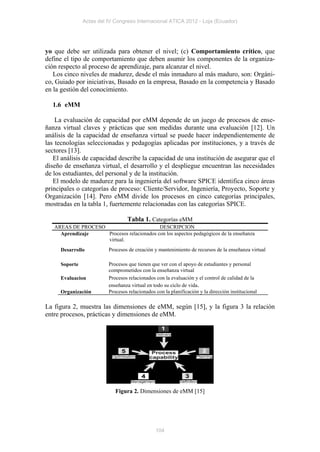 Actas del IV Congreso Internacional ATICA 2012 - Loja (Ecuador)




yo que debe ser utilizada para obtener el nivel; (c) Comportamiento crítico, que
define el tipo de comportamiento que deben asumir los componentes de la organiza-
ción respecto al proceso de aprendizaje, para alcanzar el nivel.
   Los cinco niveles de madurez, desde el más inmaduro al más maduro, son: Orgáni-
co, Guiado por iniciativas, Basado en la empresa, Basado en la competencia y Basado
en la gestión del conocimiento.

  1.6 eMM

    La evaluación de capacidad por eMM depende de un juego de procesos de ense-
ñanza virtual claves y prácticas que son medidas durante una evaluación [12]. Un
análisis de la capacidad de enseñanza virtual se puede hacer independientemente de
las tecnologías seleccionadas y pedagogías aplicadas por instituciones, y a través de
sectores [13].
   El análisis de capacidad describe la capacidad de una institución de asegurar que el
diseño de enseñanza virtual, el desarrollo y el despliegue encuentran las necesidades
de los estudiantes, del personal y de la institución.
   El modelo de madurez para la ingeniería del software SPICE identifica cinco áreas
principales o categorías de proceso: Cliente/Servidor, Ingeniería, Proyecto, Soporte y
Organización [14]. Pero eMM divide los procesos en cinco categorías principales,
mostradas en la tabla 1, fuertemente relacionadas con las categorías SPICE.

                                 Tabla 1. Categorías eMM
   AREAS DE PROCESO                        DESCRIPCION
     Aprendizaje    Procesos relacionados con los aspectos pedagógicos de la enseñanza
                    virtual.
     Desarrollo          Procesos de creación y mantenimiento de recursos de la enseñanza virtual

     Soporte             Procesos que tienen que ver con el apoyo de estudiantes y personal
                         comprometidos con la enseñanza virtual
     Evaluacion          Procesos relacionados con la evaluación y el control de calidad de la
                         enseñanza virtual en todo su ciclo de vida.
     Organización        Procesos relacionados con la planificación y la dirección institucional

La figura 2, muestra las dimensiones de eMM, según [15], y la figura 3 la relación
entre procesos, prácticas y dimensiones de eMM.




                            Figura 2. Dimensiones de eMM [15]




                                               104
 