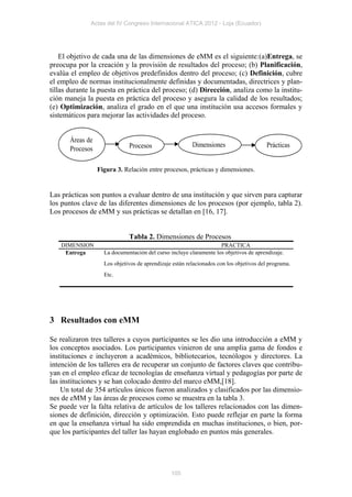 Actas del IV Congreso Internacional ATICA 2012 - Loja (Ecuador)




    El objetivo de cada una de las dimensiones de eMM es el siguiente:(a)Entrega, se
preocupa por la creación y la provisión de resultados del proceso; (b) Planificación,
evalúa el empleo de objetivos predefinidos dentro del proceso; (c) Definición, cubre
el empleo de normas institucionalmente definidas y documentadas, directrices y plan-
tillas durante la puesta en práctica del proceso; (d) Dirección, analiza como la institu-
ción maneja la puesta en práctica del proceso y asegura la calidad de los resultados;
(e) Optimización, analiza el grado en el que una institución usa accesos formales y
sistemáticos para mejorar las actividades del proceso.


       Áreas de
                              Procesos                   Dimensiones                    Prácticas
       Procesos

                  Figura 3. Relación entre procesos, prácticas y dimensiones.


Las prácticas son puntos a evaluar dentro de una institución y que sirven para capturar
los puntos clave de las diferentes dimensiones de los procesos (por ejemplo, tabla 2).
Los procesos de eMM y sus prácticas se detallan en [16, 17].


                              Tabla 2. Dimensiones de Procesos
    DIMENSION                                                       PRACTICA
     Entrega        La documentación del curso incluye claramente los objetivos de aprendizaje.
                    Los objetivos de aprendizaje están relacionados con los objetivos del programa.
                    Etc.




3 Resultados con eMM

Se realizaron tres talleres a cuyos participantes se les dio una introducción a eMM y
los conceptos asociados. Los participantes vinieron de una amplia gama de fondos e
instituciones e incluyeron a académicos, bibliotecarios, tecnólogos y directores. La
intención de los talleres era de recuperar un conjunto de factores claves que contribu-
yan en el empleo eficaz de tecnologías de enseñanza virtual y pedagogías por parte de
las instituciones y se han colocado dentro del marco eMM,[18].
    Un total de 354 artículos únicos fueron analizados y clasificados por las dimensio-
nes de eMM y las áreas de procesos como se muestra en la tabla 3.
Se puede ver la falta relativa de artículos de los talleres relacionados con las dimen-
siones de definición, dirección y optimización. Esto puede reflejar en parte la forma
en que la enseñanza virtual ha sido emprendida en muchas instituciones, o bien, por-
que los participantes del taller las hayan englobado en puntos más generales.




                                                105
 