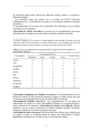 Actas del IV Congreso Internacional ATICA 2012 - Loja (Ecuador)




un formulario poder añadir información adicional, realizar cambios y exportarlo a
diferentes formatos.
   Los resultados totales del estudio, tras su revisión con INTAV [10],sobre
cumplimiento de la accesibilidad con respecto a la normativa española se muestran
en la tabla 1.
El incumplimiento de las pautas de accesibilidad más importantes en los portales
analizados son los siguientes:
Universidad de Alcalá. www.uah.es La mayoría de los incumplimientos son textos
alternativos de las imágenes así como enlaces realizados mediante JavaScript.

_______________
*
 Se utiliza Windows 7[11] ya que es el sistema operativo más utilizado del mundo, con una
cuota que ronda al 44% de usuarios y Mozilla Firefox [12] es un navegador con unos 450
millones de usuarios en todo el mundo. En Europa su cuota de mercado roza el 50%.

Tabla 1. Errores en la aplicación de la pautas de Nivel A según la normativa española en
universidades españolas.
                                     Errores pautas Nivel A
    Universidades                                                                 Errores Totales
                      Nombrado        Estilo         Scripts        Otros
Alcalá                    4              0             6              1                 11
CEU                       5              2             7              2                 16
Complutense               0              4             1              0                 5
Córdoba                   3              1             2              2                 8
Gerona                    2              2             4              2                 10
Jaén                      4              2             5              4                 12
Navarra                   3              3             10             3                 18
Salamanca                 4              0             5              2                 11
Compostela                2              1             1              1                 5
Zaragoza                  4              1             4              2                 11



Universidad Complutense de Madrid. www.ucm.es Los incumplimientos de este
portal son respecto al estilo que ha de mantener la página. Se debe corregir para que
no exista esa gran dependencia de la hoja de estilos sobre el contenido.
Universidad de Córdoba. www.uco.es Los incumplimientos de este portal van
relacionados con objetos de videos prescindibles utilizados en la página principal y
textos alternativos de imágenes. Universidad de Gerona. www.udg.edu Algunos
problemas con los estilos y utilización de enlaces definidos mediante JavaScript.
Tampoco se define bien el idioma en algunas ocasiones.
Universidad de Jaén. www.uja.es Esta universidad tiene enlaces rotos y páginas que
no cargan ni estilos, ni contenido aparte de enlaces mal referenciados u objetos
dependientes de dispositivos. Se debe revisar el contenido de la página.



                                               170
 