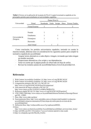 Actas del IV Congreso Internacional ATICA 2012 - Loja (Ecuador)




Tabla 2. Errores en la aplicación de la pautas de Nivel A según la normativa española en los
principales portales para estudiantes en universidades españolas.
                                                    Pautas Nivel A
   Universidad              Portal       Nombrado     Estilo Scripts Otros     Errores Totales
                       Virtual Externo        1                  1                    2


                       Portada                1                          2            3
                       Estudiantes            1                  1                    2
Universidad de
Zaragoza               Extranjeros            1                  1                    2
                       Doctorado              1                                       1
                       Aula Virtual                     1        2                    3

   Como conclusión, los portales universitarios españoles, teniendo en cuenta la
muestra tomada, deberían tener en consideración los siguientes puntos para cumplir la
normativa española de accesibilidad:
   · Asignar textos alternativos a cada objeto e imagen, revisando que todos tengan
      un nombre asociado.
   · Proporcionar alternativas a los scripts y sus dependencias.
   · Tener en cuenta que la página puede ser observada sin hoja de estilos.
   · Revisar las restantes pautas de accesibilidad hasta el nivel de prioridad AA.




Referencias

1. Web Content Accessibility Guideline 1.0, http://www.w3.org/TR/WCAG10/
2. Web Content Accessibility Guideline 2.0, http://www.w3.org/TR/WCAG20/
3. Comparación normativa WCAG 1.0 y WCAG 2.0:
   http://www.w3.org/WAI/WCAG20/from10/comparison/
4. Guía transición de Inteco referente a WCAG 2.0:
   http://www.inteco.es/file/1C6X2rLUvrOdOw1KQPmTJA
5. Referencia rápida WCAG 2.0: http://www.w3.org/WAI/WCAG20/quickref/
6. UNE139803:2004:http://www.inteco.es/Accesibilidad/difusion/Normativa/Descarga/Descar
   gaUNE_139803
7. Hera: http://www.sidar.org/hera/
8. Funcionamiento Hera: http://www.astrolabio.com.co/clientes/cintel/modulo3-evaluacion-
   accesibilidad/evaluacion-automatica/02-hera-hojas-de-estilo-para-la-revision-de-la-
   accesibilidad.html
9. Definición Hera: http://webaccesible.cea.es/?q=explicacionHERA
10.Intav:
   http://www.inteco.es/checkAccessibility/Accesibilidad/accesibilidad_servicios/intav_home/
11.http://alt1040.com/2011/10/windows-7-ya-es-el-sistema-operativo-mas-usado
12.http://es.wikipedia.org/wiki/Mozilla_Firefox




                                              173
 
