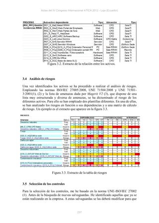 Actas del IV Congreso Internacional ATICA 2012 - Loja (Ecuador)




                   Figura 3.2. Extracto de la relación entre los activos.



3.4 Análisis de riesgos

Una vez identificados los activos se ha procedido a realizar el análisis de riesgos.
Empleando las normas ISO/IEC 27005:2008, UNE 71504:2008 y UNE 71501-
3:2001(1), (2) y la lista de amenazas dada por Magerit V2 (3), que dispone de una
lista muy estructurada y diversa de amenazas, se ha dictaminado el riesgo de los
diferentes activos. Para ello se han empleado dos plantillas diferentes. En una de ellas,
se han analizado los riesgos en función a sus dependencias y a una matriz de cálculo
de riesgo. Un ejemplo es el extracto que aparece en la figura 3.3.




                       Figura 3.3. Extracto de la tabla de riesgos


3.5 Selección de los controles

Para la selección de los controles, me he basado en la norma UNE-ISO/IEC 27002
(1). Antes de la búsqueda de nuevas salvaguardas. He identificado aquellas que ya se
están realizando en la empresa. A estas salvaguardas se las deberá modificar para que



                                           237
 