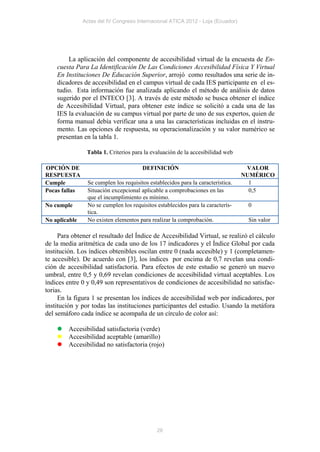Actas del IV Congreso Internacional ATICA 2012 - Loja (Ecuador)




        La aplicación del componente de accesibilidad virtual de la encuesta de En-
    cuesta Para La Identificación De Las Condiciones Accesibilidad Física Y Virtual
    En Instituciones De Educación Superior, arrojó como resultados una serie de in-
    dicadores de accesibilidad en el campus virtual de cada IES participante en el es-
    tudio. Esta información fue analizada aplicando el método de análisis de datos
    sugerido por el INTECO [3]. A través de este método se busca obtener el índice
    de Accesibilidad Virtual, para obtener este índice se solicitó a cada una de las
    IES la evaluación de su campus virtual por parte de uno de sus expertos, quien de
    forma manual debía verificar una a una las características incluidas en el instru-
    mento. Las opciones de respuesta, su operacionalización y su valor numérico se
    presentan en la tabla 1.

                Tabla 1. Criterios para la evaluación de la accesibilidad web

OPCIÓN DE                               DEFINICIÓN                                 VALOR
RESPUESTA                                                                         NUMÉRICO
Cumple           Se cumplen los requisitos establecidos para la característica.     1
Pocas fallas     Situación excepcional aplicable a comprobaciones en las            0,5
                 que el incumplimiento es mínimo.
No cumple        No se cumplen los requisitos establecidos para la caracterís-     0
                 tica.
No aplicable     No existen elementos para realizar la comprobación.               Sin valor

     Para obtener el resultado del Índice de Accesibilidad Virtual, se realizó el cálculo
de la media aritmética de cada uno de los 17 indicadores y el Índice Global por cada
institución. Los índices obtenibles oscilan entre 0 (nada accesible) y 1 (completamen-
te accesible). De acuerdo con [3], los índices por encima de 0,7 revelan una condi-
ción de accesibilidad satisfactoria. Para efectos de este estudio se generó un nuevo
umbral, entre 0,5 y 0,69 revelan condiciones de accesibilidad virtual aceptables. Los
índices entre 0 y 0,49 son representativos de condiciones de accesibilidad no satisfac-
torias.
     En la figura 1 se presentan los índices de accesibilidad web por indicadores, por
institución y por todas las instituciones participantes del estudio. Usando la metáfora
del semáforo cada índice se acompaña de un círculo de color así:

     Accesibilidad satisfactoria (verde)
     Accesibilidad aceptable (amarillo)
     Accesibilidad no satisfactoria (rojo)




                                              26
 