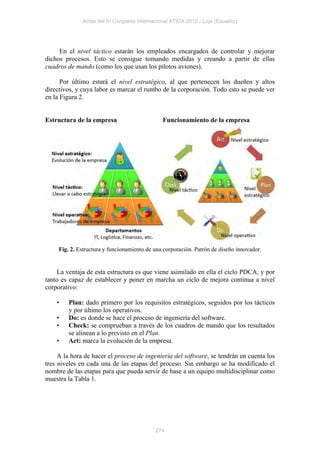 Actas del IV Congreso Internacional ATICA 2012 - Loja (Ecuador)




     En el nivel táctico estarán los empleados encargados de controlar y mejorar
dichos procesos. Esto se consigue tomando medidas y creando a partir de ellas
cuadros de mando (como los que usan los pilotos aviones).

      Por último estará el nivel estratégico, al que pertenecen los dueños y altos
directivos, y cuya labor es marcar el rumbo de la corporación. Todo esto se puede ver
en la Figura 2.


Estructura de la empresa                       Funcionamiento de la empresa




     Fig. 2. Estructura y funcionamiento de una corporación. Patrón de diseño innovador.


    La ventaja de esta estructura es que viene asimilado en ella el ciclo PDCA, y por
tanto es capaz de establecer y poner en marcha un ciclo de mejora continua a nivel
corporativo:

    •    Plan: dado primero por los requisitos estratégicos, seguidos por los tácticos
         y por último los operativos.
    •    Do: es donde se hace el proceso de ingeniería del software.
    •    Check: se comprueban a través de los cuadros de mando que los resultados
         se alinean a lo previsto en el Plan.
    •    Act: marca la evolución de la empresa.

     A la hora de hacer el proceso de ingeniería del software, se tendrán en cuenta los
tres niveles en cada una de las etapas del proceso. Sin embargo se ha modificado el
nombre de las etapas para que pueda servir de base a un equipo multidisciplinar como
muestra la Tabla 1.




                                            274
 