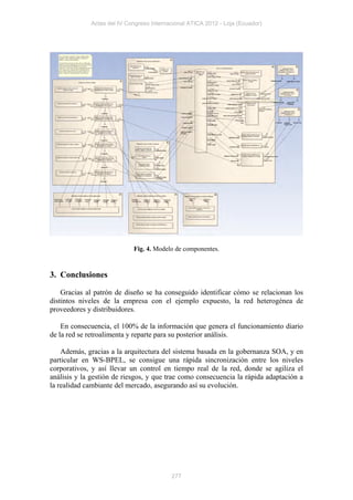 Actas del IV Congreso Internacional ATICA 2012 - Loja (Ecuador)




                            Fig. 4. Modelo de componentes.


3. Conclusiones

    Gracias al patrón de diseño se ha conseguido identificar cómo se relacionan los
distintos niveles de la empresa con el ejemplo expuesto, la red heterogénea de
proveedores y distribuidores.

    En consecuencia, el 100% de la información que genera el funcionamiento diario
de la red se retroalimenta y reparte para su posterior análisis.

    Además, gracias a la arquitectura del sistema basada en la gobernanza SOA, y en
particular en WS-BPEL, se consigue una rápida sincronización entre los niveles
corporativos, y así llevar un control en tiempo real de la red, donde se agiliza el
análisis y la gestión de riesgos, y que trae como consecuencia la rápida adaptación a
la realidad cambiante del mercado, asegurando así su evolución.




                                          277
 