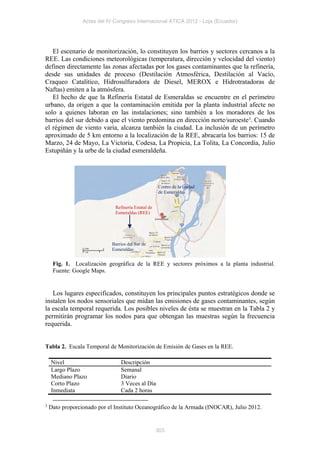 Actas del IV Congreso Internacional ATICA 2012 - Loja (Ecuador)




   El escenario de monitorización, lo constituyen los barrios y sectores cercanos a la
REE. Las condiciones meteorológicas (temperatura, dirección y velocidad del viento)
definen directamente las zonas afectadas por los gases contaminantes que la refinería,
desde sus unidades de proceso (Destilación Atmosférica, Destilación al Vacío,
Craqueo Catalítico, Hidrosulfuradora de Diesel, MEROX e Hidrotratadoras de
Naftas) emiten a la atmósfera.
   El hecho de que la Refinería Estatal de Esmeraldas se encuentre en el perímetro
urbano, da origen a que la contaminación emitida por la planta industrial afecte no
solo a quienes laboran en las instalaciones; sino también a los moradores de los
barrios del sur debido a que el viento predomina en dirección norte/suroeste3. Cuando
el régimen de viento varía, alcanza también la ciudad. La inclusión de un perímetro
aproximado de 5 km entorno a la localización de la REE, abracaría los barrios: 15 de
Marzo, 24 de Mayo, La Victoria, Codesa, La Propicia, La Tolita, La Concordia, Julio
Estupiñán y la urbe de la ciudad esmeraldeña.




                                                     Centro de la ciudad
                                                     de Esmeraldas


                              Refinería Estatal de
                              Esmeraldas (REE)




                             Barrios del Sur de
                             Esmeraldas


     Fig. 1. Localización geográfica de la REE y sectores próximos a la planta industrial.
     Fuente: Google Maps.


   Los lugares especificados, constituyen los principales puntos estratégicos donde se
instalen los nodos sensoriales que midan las emisiones de gases contaminantes, según
la escala temporal requerida. Los posibles niveles de ésta se muestran en la Tabla 2 y
permitirán programar los nodos para que obtengan las muestras según la frecuencia
requerida.


Tabla 2. Escala Temporal de Monitorización de Emisión de Gases en la REE.

    Nivel                        Descripción
    Largo Plazo                  Semanal
    Mediano Plazo                Diario
    Corto Plazo                  3 Veces al Día
    Inmediata                    Cada 2 horas

3   Dato proporcionado por el Instituto Oceanográfico de la Armada (INOCAR), Julio 2012.


                                                     303
 