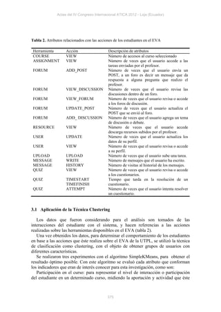 Actas del IV Congreso Internacional ATICA 2012 - Loja (Ecuador)




Tabla 2. Atributos relacionados con las acciones de los estudiantes en el EVA

 Herramienta        Acción                   Descripción de atributos
 COURSE             VIEW                     Número de accesos al curso seleccionado
 ASSIGNMENT         VIEW                     Número de veces que el usuario accede a las
                                             tareas enviadas por el profesor.
 FORUM              ADD_POST                 Número de veces que el usuario envía un
                                             POST, a un foro es decir un mensaje que da
                                             respuesta a alguna pregunta que realizo el
                                             profesor.
 FORUM              VIEW_DISCUSSION          Número de veces que el usuario revisa las
                                             discusiones dentro de un foro.
 FORUM              VIEW_FORUM               Número de veces que el usuario revisa o accede
                                             a los foros de discusión.
 FORUM              UPDATE_POST              Número de veces que el usuario actualiza el
                                             POST que se envió al foro.
 FORUM              ADD_ DISCUSSION          Número de veces que el usuario agrega un tema
                                             de discusión o debate.
 RESOURCE           VIEW                     Número de veces que el usuario accede
                                             descarga recursos subidos por el profesor.
 USER               UPDATE                   Número de veces que el usuario actualiza los
                                             datos de su perfil.
 USER               VIEW                     Número de veces que el usuario revisa o accede
                                             a su perfil.
 UPLOAD             UPLOAD                   Número de veces que el usuario sube una tarea.
 MESSAGE            WRITE                    Número de mensajes que el usuario ha escrito.
 MESSAGE            HISTORY                  Número de visitas al historial de los mensajes.
 QUIZ               VIEW                     Número de veces que el usuario revisa o accede
                                             a los cuestionarios.
 QUIZ               TIMESTART                Tiempo que tarda en la resolución de un
                    TIMEFINISH               cuestionario.
 QUIZ               ATTEMPT                  Número de veces que el usuario intenta resolver
                                             un cuestionario.


3.1 Aplicación de la Técnica Clustering

   Los datos que fueron considerando para el análisis son tomados de las
interacciones del estudiante con el sistema, y hacen referencias a las acciones
realizadas sobre las herramientas disponibles en el EVA (tabla 2).
   Una vez obtenidos los datos, para determinar el comportamiento de los estudiantes
en base a las acciones que éste realiza sobre el EVA de la UTPL, se utilizó la técnica
de clasificación como clustering, con el objeto de obtener grupos de usuarios con
diferentes características.
   Se realizaron tres experimentos con el algoritmo SimpleKMeans, para obtener el
resultado óptimo posible. Con este algoritmo se evaluó cada atributo que conforman
los indicadores que eran de interés conocer para esta investigación, como son:
   Participación en el curso: para representar el nivel de interacción o participación
del estudiante en un determinado curso, midiendo la aportación y actividad que éste



                                             375
 