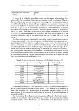 Actas del IV Congreso Internacional ATICA 2012 - Loja (Ecuador)




 Applied Sciences, Finlandia           propio
 (UMET)

   A efectos de la validación automática, resulta muy interesante la herramienta Exa-
minator, [8]. La herramienta Examinator presenta una batería completa de 100 prue-
bas automáticas, que resultan convenientes para una primera aproximación hacia la
accesibilidad web. Se ha identificado que las páginas web y campus virtuales en las
instituciones de Latinoamérica no fueron diseñadas con una visión de accesibilidad
web, por lo que el uso de herramientas automáticas permite identificar los errores
frecuentes que el equipo técnico en cada Universidad puede resolver en primera ins-
tancia. La tabla 2 muestra la recopilación de la evaluación automática de las páginas
principales de las instituciones socias, la nota ha sido generada por medio de la he-
rramienta Examinator para un análisis completo WCAG 2.0 en sus niveles A, AA y
AAA.
   Los datos generados como evaluación automática son utilizados únicamente como
referencia comparativa entre las instituciones y serán utilizadas como punto de com-
paración para las futuras mejoras a implementarse a corto plazo. Complementando el
análisis automático, se generó un reporte por la herramienta TAW con la cantidad de
incidencias presentadas en los cuatro principios principales WCAG 2.0 [3]. Este re-
sumen constituye una medida de atención y de sensibilización para que las institucio-
nes socias puedan realizar medidas correctivas. Se destaca en la evaluación el nivel
de accesibilidad que alcanzan las instituciones socias: Universidad de Alcalá, España
y Universidad de Lisboa, Portugal, fortalecidas por las exigencias de leyes que bus-
quen la accesibilidad web en el país del socio.

        Tabla 2. Evaluación automática de páginas principales batería Examinator [8]
            Institución                Tecnología                 Evaluación Auto-
                                                                     mática
              UAH                  Desarrollo propio                    7.8
             UdelaR                  Symfony PHP                        7.6
             UMET                  Desarrollo propio                    6.8
             UCCI                       Joomla                          4.8
              UNA                  Desarrollo propio                    4.8
             UTPL                       Drupal                          4.7
             UGAL                     Wordpress                         4.4
              ULI                  Oracle App Server                    4.3
              UCN                  Share Point Server                    4
             UPES                  Desarrollo Propio                    2.5

   El análisis a nivel automático de los campus virtuales en las instituciones socias se
vuelve dependiente de la plataforma que se utiliza y especialmente en las personaliza-
ciones que las instituciones socias realizan de las mismas, las cuales pueden afectar el
cumplimiento de los criterios de conformidad de las pautas de accesibilidad para el
contenido web 2.0.
   Las herramientas de evaluación automática de accesibilidad web, brindan la opor-
tunidad al desarrollador web de identificar qué criterios de conformidad no se han
cumplido para las pautas WCAG 2.0. Las herramientas como Examinator, cuentan


                                            58
 