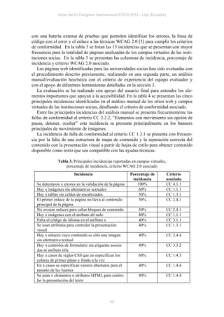 Actas del IV Congreso Internacional ATICA 2012 - Loja (Ecuador)




con una batería extensa de pruebas que permiten identificar los errores, la línea de
código con el error y el enlace a las técnicas WCAG 2.0 [3] para cumplir los criterios
de conformidad. En la tabla 3 se listan las 15 incidencias que se presentan con mayor
frecuencia para la totalidad de páginas analizadas de los campus virtuales de las insti-
tuciones socias. En la tabla 3 se presentan las columnas de incidencia, porcentaje de
incidencia y criterio WCAG 2.0 asociado.
   Las páginas web identificadas para las universidades socias han sido evaluadas con
el procedimiento descrito previamente, realizando en una segunda parte, un análisis
manual/evaluación heurística con el criterio de experiencia del equipo evaluador y
con el apoyo de diferentes herramientas detalladas en la sección 3.
   La evaluación se ha realizado con apoyo del usuario final para entender los ele-
mentos importantes que apoyan a la accesibilidad. En la tabla 4 se presentan las cinco
principales incidencias identificadas en el análisis manual de los sitios web y campus
virtuales de las instituciones socias, detallando el criterio de conformidad asociado.
   Entre las principales incidencias del análisis manual se presenta frecuentemente las
fallas de conformidad al criterio CC 2.2.2, “Elementos con movimiento sin opción de
pausa, detener, ocultar” esta incidencia se presenta principalmente en los banners
principales de movimiento de imágenes.
   La incidencia de falla de conformidad al criterio CC 1.3.1 se presenta con frecuen-
cia por la falta de una estructura de mapa de contenido y la separación correcta del
contenido con la presentación visual a partir de hojas de estilo para obtener contenido
disponible como texto que sea compatible con las ayudas técnicas.

              Tabla 3. Principales incidencias reportadas en campus virtuales,
                  porcentaje de incidencia, criterio WCAG 2.0 asociado
                        Incidencia                        Porcentaje de      Criterio
                                                           incidencia        asociado
  Se detectaron x errores en la validación de la página      100%            CC 4.1.1
  Hay x imágenes sin alternativas textuales                   60%            CC 1.1.1
  Hay x tablas sin celdas de encabezados                      50%            CC 1.3.1
  El primer enlace de la página no lleva al contenido         50%            CC 2.4.1
  principal de la página
  No existen enlaces para saltar bloques de contenido         50%                CC 2.4.1
  Hay x imágenes con el atributo alt nulo                     40%                CC 1.1.1
  Falta el código de idioma en el atributo x                  40%                CC 3.1.1
  Se usan atributos para controlar la presentación            40%                CC 1.3.1
  visual
  Hay x enlaces cuyo contenido es sólo una imagen             40%                CC 2.4.4
  sin alternativa textual
  Hay x controles de formulario sin etiquetas asocia-         40%                CC 3.3.2
  das ni atributo title
  Hay x casos de reglas CSS que no especifican los            60%                CC 1.4.3
  colores de primer plano y fondo a la vez
  En x casos se especifican valores absolutos para el         40%                CC 1.4.4
  tamaño de las fuentes
  Se usan x elementos o atributos HTML para contro-           40%                CC 1.4.4
  lar la presentación del texto




                                              59
 