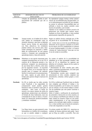 Actas del IV Congreso Internacional ATICA 2012 - Loja (Ecuador)




SERVICIO               DESCRIPCIÓN DE USO EN                      PROBLEMAS DE ACCESIBILIDAD
 SOCIAL                       EDUCACIÓN
                virtuales de aprendizaje, facilita el enri- Su reproductor aunque incluye ciertas caracte-
                quecimiento del contenido que ahí se rísticas de accesibilidad para discapacitados, no
                publica.                                    es lo suficientemente accesible [4]; por ejemplo,
                                                            no presta la suficiente funcionalidad para ser
                                                            utilizado a través de, medios asistidos como
                                                            lectores de pantalla, o por teclado.
                                                            Además su uso implica un número excesivo de
                                                            pulsaciones por teclado para realizar tareas,
                                                            mediante un lector de pantallas, y otras resultan
                                                            prácticamente imposibles de ejecutar [5].

Twitter         Aunque twitter, en el ámbito de la educa-      Según un análisis técnico realizado por el Ob-
                ción, podría ser considerado como un           servatorio de la Accesibilidad TIC de Discap-
                                                                  5
                elemento distractor, más bien se deberían      net , twitter tiene un nivel de accesibilidad muy
                buscar nuevas formas de aprovecharlo           deficiente; de los aspectos evaluados en el 2010,
                con fines educativos; los estudiantes          los de mayor nivel de cumplimiento se refieren
                podrían utilizar este servicio para: desa-     al acceso multinavegador y al color; y el mayor
                rrollar estrategias de expresión y habili-     volumen de “malas prácticas” tiene que ver con
                dades de comunicación, de una manera           el uso de scripts no accesibles.
                creativa y fomentar una comunidad de
                aprendizaje dentro y fuera del aula [6].

Slideshare      Slideshare es una opción interesante para      En cuanto al análisis de la accesibilidad de
                compartir presentaciones en la red. En el      slideshare no se han encontrado estudios; más
                contexto de la Educación permite a los         bien en [7] se identifican los aspectos que
                profesores compartir sus presentaciones        deberían ser evaluados, algunos de los cuales se
                de una forma fácil y efectiva, entre otras     nombran a continuación:
                por las siguientes razones : no necesitan      * Herramientas de autor: interfaz para subir,
                un soporte físico, no es necesario fijar un    editar y gestionar presentaciones, así como para
                acuerdo para el traspaso del material,         generar widgets de Slideshare.
                facilita la reutilización de presentaciones,   * Herramientas sociales para: compartir una
                por tanto, supone un gran ahorro de            presentación en sitios sociales, empotrar una
                tiempo para quienes dirigen el proceso de      presentación, comentar, utilizar grupos y even-
                aprendizaje.                                   tos, etc.

Facebook        En [9] se resalta que las redes sociales       En [10] se señala que Facebook tiene un diseño
                como Facebook y las capacidades de             muy complejo que dificulta el trabajo a los
                comunicación social pueden generar             lectores de pantalla y por lo tanto a los usuarios
                beneficios tanto al profesor como para el      que los utilizan; en este mismo trabajo se desta-
                estudiante, tales como: el hecho de            can los problemas que esto puede ocasionar a
                recurrir a un mayor número de estilos de       usuarios ciegos.
                aprendizaje, proporcionar una alternativa      Sobre el estado y notificación de actualización
                al formato de clase tradicional, crear una     de contenido e interacción con otros usuarios, en
                comunidad de la clase en línea y el incre-     [11] se destaca el problema que subyace en estas
                mento de interacción profesor-estudiante       redes, donde los usuarios ciegos no son notifi-
                y estudiante–estudiante.                       cados inmediatamente si en una determinada
                                                               página se ha realizado algún cambio o comenta-
                                                               rio, o si han recibido una invitación de amistad o
                                                               si han sido etiquetados en una foto.

Blogs           Los blogs tienen un gran potencial como Un primer estudio del 2008 [15], menciona un
                herramienta en el ámbito de la enseñanza, conjunto de buenas prácticas para poder hacer
                ya que se pueden adaptar a cualquier que un blog sea usable y accesible. Para esto

5   http://www.discapnet.es/Castellano/Actualidad/Discapacidad/paginas/detalle.aspx?noticia=265242



                                                       80
 