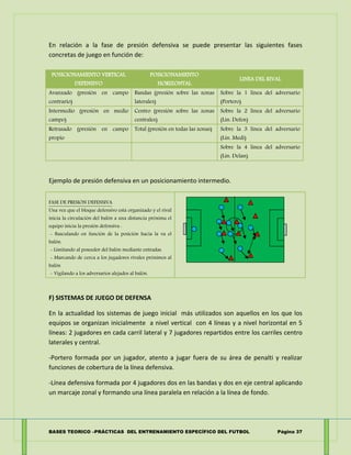 37 LA PREPARACION DEL FUTBOLISTA BASADA EN EL FUTBOL
En relación a la fase de presión defensiva se puede presentar las sig...