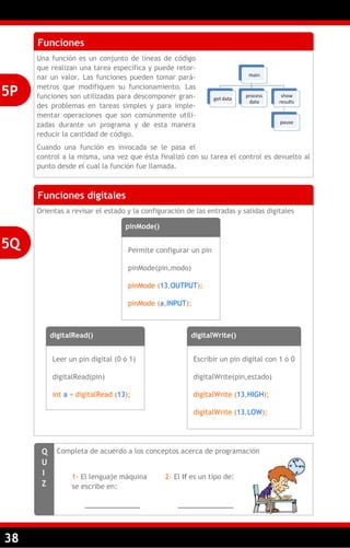 38
Orientas a revisar el estado y la configuración de las entradas y salidas digitales
Funciones
Una función es un conjunto de líneas de código
que realizan una tarea específica y puede retor-
nar un valor. Las funciones pueden tomar pará-
metros que modifiquen su funcionamiento. Las
funciones son utilizadas para descomponer gran-
des problemas en tareas simples y para imple-
mentar operaciones que son comúnmente utili-
zadas durante un programa y de esta manera
reducir la cantidad de código.
Cuando una función es invocada se le pasa el
control a la misma, una vez que ésta finalizó con su tarea el control es devuelto al
punto desde el cual la función fue llamada.
5P
Funciones digitales
5Q
pinMode()
Permite configurar un pin
pinMode(pin,modo)
pinMode (13,OUTPUT);
pinMode (a,INPUT);
digitalRead()
Leer un pin digital (0 ó 1)
digitalRead(pin)
int a = digitalRead (13);
digitalWrite()
Escribir un pin digital con 1 ó 0
digitalWrite(pin,estado)
digitalWrite (13,HIGH);
digitalWrite (13,LOW);
Completa de acuerdo a los conceptos acerca de programaciónQ
U
I
Z
1- El lenguaje máquina
se escribe en:
_____________
2- El If es un tipo de:
_____________
 