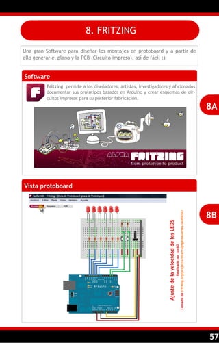 57
Una gran Software para diseñar los montajes en protoboard y a partir de
ello generar el plano y la PCB (Circuito impreso), así de fácil :)
Software
Fritzing permite a los diseñadores, artistas, investigadores y aficionados
documentar sus prototipos basados en Arduino y crear esquemas de cir-
cuitos impresos para su posterior fabricación.
8A
8. FRITZING
Vista protoboard
8B
AjustedelavelocidaddelosLEDS
Realizadoportux60
Tomadodefritzing.org/projects/interruptgesteuertes-lauflicht/
 