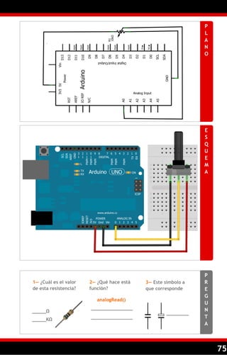 75
P
L
A
N
O
E
S
Q
U
E
M
A
P
R
E
G
U
N
T
A
1— ¿Cuál es el valor
de esta resistencia?
2— ¿Qué hace está
función?
3— Este símbolo a
que corresponde
_____Ω
_______________
_______________
analogRead()
_____KΩ
_______________
 