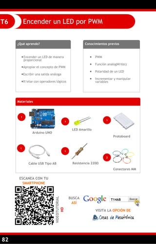 82
Encender un LED por PWMT6
¿Qué aprendo?
Encender un LED de manera
proporcional
Apropiar el concepto de PWM
Escribir una salida análoga
If/else con operadores lógicos
Conocimientos previos
 PWM
 Función analogWrite()
 Polaridad de un LED
 Incrementar y manipular
variables
Materiales
1
Arduino UNO
1
LED Amarillo
1
Cable USB Tipo AB
ESCANEA CON TU
SMARTPHONE
VIDEOTUTORIAL
HD
Resistencia 220Ω
Conectores MM
Protoboard
1
2
1
BUSCA
ASÍ
VISITA LA OPCIÓN DE
T14AB
 