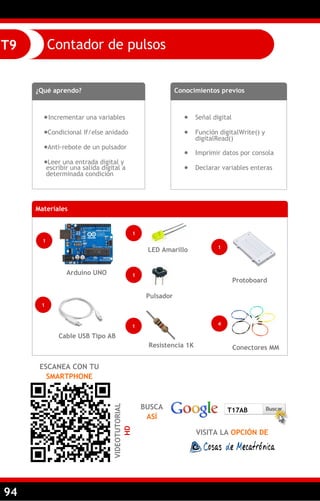 94
Contador de pulsosT9
¿Qué aprendo?
Incrementar una variables
Condicional If/else anidado
Anti-rebote de un pulsador
Leer una entrada digital y
escribir una salida digital a
determinada condición
Conocimientos previos
 Señal digital
 Función digitalWrite() y
digitalRead()
 Imprimir datos por consola
 Declarar variables enteras
Materiales
1
Arduino UNO
1
LED Amarillo
1
Cable USB Tipo AB
ESCANEA CON TU
SMARTPHONE
VIDEOTUTORIAL
HD
1
Pulsador
Resistencia 1K Conectores MM
Protoboard
1 4
1
BUSCA
ASÍ
VISITA LA OPCIÓN DE
T17AB
 