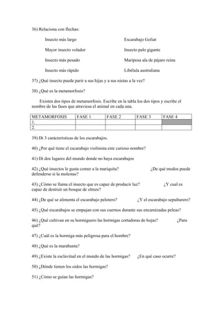 36) Relaciona con flechas:

       Insecto más largo                             Escarabajo Goliat

       Mayor insecto volador                         Insecto palo gigante

       Insecto más pesado                            Mariposa ala de pájaro reina

       Insecto más rápido                            Libélula australiana

37) ¿Qué insecto puede parir a sus hijas y a sus nietas a la vez?

38) ¿Qué es la metamorfosis?

   Existen dos tipos de metamorfosis. Escribe en la tabla los dos tipos y escribe el
nombre de las fases que atraviesa el animal en cada una.

METAMORFOSIS               FASE 1          FASE 2           FASE 3          FASE 4
1.
2.

39) Di 3 carácterísticas de los escarabajos.

40) ¿Por qué tiene el escarabajo violinista este curioso nombre?

41) Di dos lugares del mundo donde no haya escarabajos

42) ¿Qué insectos le gusta comer a la mariquita?                    ¿De qué modos puede
defenderse si la molestas?

43) ¿Cómo se llama el insecto que es capaz de producir luz?                 ¿Y cual es
capaz de destruir un bosque de olmos?

44) ¿De qué se alimenta el escarabajo pelotero?             ¿Y el escarabajo sepulturero?

45) ¿Qué escarabajos se empujan con sus cuernos durante sus encarnizadas peleas?

46) ¿Qué cultivan en su hormiguero las hormigas cortadoras de hojas?                ¿Para
qué?

47) ¿Cuál es la hormiga más peligrosa para el hombre?

48) ¿Qué es la marabunta?

49) ¿Existe la esclavitud en el mundo de las hormigas?      ¿En qué caso ocurre?

50) ¿Dónde tienen los oidos las hormigas?

51) ¿Cómo se guían las hormigas?
 