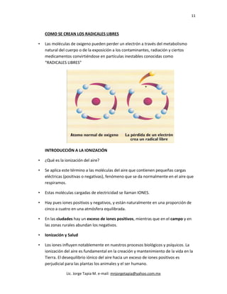 11
COMO SE CREAN LOS RADICALES LIBRES
• Las moléculas de oxigeno pueden perder un electrón a través del metabolismo
natural del cuerpo o de la exposición a los contaminantes, radiación y ciertos
medicamentos convirtiéndose en partículas inestables conocidas como
“RADICALES LIBRES”
INTRODUCCIÓN A LA IONIZACIÓN
• ¿Qué es la ionización del aire?
• Se aplica este término a las moléculas del aire que contienen pequeñas cargas
eléctricas (positivas o negativas), fenómeno que se da normalmente en el aire que
respiramos.
• Estas moléculas cargadas de electricidad se llaman IONES.
• Hay pues iones positivos y negativos, y están naturalmente en una proporción de
cinco a cuatro en una atmósfera equilibrada.
• En las ciudades hay un exceso de iones positivos, mientras que en el campo y en
las zonas rurales abundan los negativos.
• Ionización y Salud
• Los iones influyen notablemente en nuestros procesos biológicos y psíquicos. La
ionización del aire es fundamental en la creación y mantenimiento de la vida en la
Tierra. El desequilibrio iónico del aire hacia un exceso de iones positivos es
perjudicial para las plantas los animales y el ser humano.
Lic. Jorge Tapia M. e-mail: mnjorgetapia@yahoo.com.mx
 