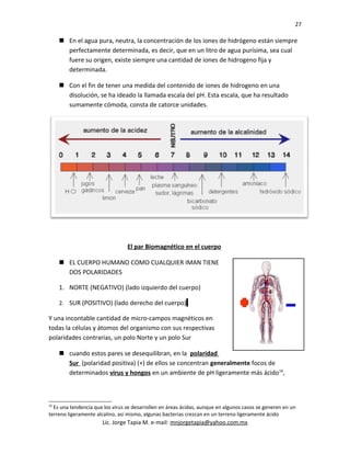 27
 En el agua pura, neutra, la concentración de los iones de hidrógeno están siempre
perfectamente determinada, es decir, que en un litro de agua purísima, sea cual
fuere su origen, existe siempre una cantidad de iones de hidrogeno fija y
determinada.
 Con el fin de tener una medida del contenido de iones de hidrogeno en una
disolución, se ha ideado la llamada escala del pH. Esta escala, que ha resultado
sumamente cómoda, consta de catorce unidades.
El par Biomagnético en el cuerpo
 EL CUERPO HUMANO COMO CUALQUIER IMAN TIENE
DOS POLARIDADES
1. NORTE (NEGATIVO) (lado izquierdo del cuerpo)
2. SUR (POSITIVO) (lado derecho del cuerpo)
Y una incontable cantidad de micro-campos magnéticos en
todas la células y átomos del organismo con sus respectivas
polaridades contrarias, un polo Norte y un polo Sur
 cuando estos pares se desequilibran, en la polaridad
Sur (polaridad positiva) (+) de ellos se concentran generalmente focos de
determinados virus y hongos en un ambiente de pH ligeramente más ácido16
,
16
Es una tendencia que los virus se desarrollen en áreas ácidas, aunque en algunos casos se generen en un
terreno ligeramente alcalino, asi mismo, algunas bacterias crezcan en un terreno ligeramente ácido
Lic. Jorge Tapia M. e-mail: mnjorgetapia@yahoo.com.mx
 