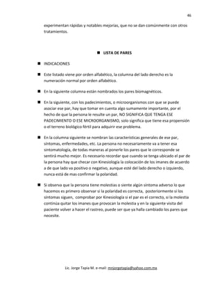 46
experimentan rápidas y notables mejorías, que no se dan comúnmente con otros
tratamientos.
 LISTA DE PARES
 INDICACIONES
 Este listado viene por orden alfabético, la columna del lado derecho es la
numeración normal por orden alfabético.
 En la siguiente columna están nombrados los pares biomagnéticos.
 En la siguiente, con los padecimientos, o microorganismos con que se puede
asociar ese par, hay que tomar en cuenta algo sumamente importante, por el
hecho de que la persona le resulte un par, NO SIGNIFICA QUE TENGA ESE
PADECIMIENTO O ESE MICROORGANISMO, solo significa que tiene esa propensión
o el terreno biológico fértil para adquirir ese problema.
 En la columna siguiente se nombran las características generales de ese par,
síntomas, enfermedades, etc. La persona no necesariamente va a tener esa
sintomatología, de todas maneras al ponerle los pares que le corresponde se
sentirá mucho mejor. Es necesario recordar que cuando se tenga ubicado el par de
la persona hay que checar con Kinesiología la colocación de los imanes de acuerdo
a de que lado va positivo o negativo, aunque esté del lado derecho o izquierdo,
nunca está de mas confirmar la polaridad.
 Si observa que la persona tiene molestias o siente algún síntoma adverso lo que
hacemos es primero observar si la polaridad es correcta, posteriormente si los
síntomas siguen, comprobar por Kinesiología si el par es el correcto, si la molestia
continúa quitar los imanes que provocan la molestia y en la siguiente visita del
paciente volver a hacer el rastreo, puede ser que ya halla cambiado los pares que
necesite.
Lic. Jorge Tapia M. e-mail: mnjorgetapia@yahoo.com.mx
 