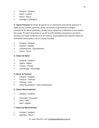 76
• Escápula - Escápula
• Dorso – Lumbar
• Pleura - Pleura
• Diafragma- Diafragma
3.- Cáncer Pulmonar (El cáncer de pulmón es un crecimiento anormal de células en el
tejido de uno o ambos pulmones. Dicho crecimiento es generalmente maligno
proveniente de células epiteliales y puede causar metástasis e infiltración a otros tejidos
del cuerpo. El cáncer de pulmón es una de las enfermedades más graves y uno de los
cánceres con mayor incidencia en el ser humano, responsable de los mayores índices de
mortalidad relacionados a cáncer a escala mundial)
• Escápula - Escápula
• Poplíteo - Poplíteo
• Supraespinoso - Supraespinoso
• Carina - Carina
4.- Cáncer de Útero
• Escápula - Escápula
• Vagina - Vagina
• Trompa - Trompa
• Contraciego - Contraciego
5 -Cáncer de Testículo
• Escápula - Escápula
• Testículo - Testículo
• Próstata - recto
• Colon Descendente – Colon Descendente
6.- Cáncer Mama Izquierda
• Escápula - Escápula
• Pericardio – Pericardio
• Axila – Axila
• Bazo – Hígado
7 - Cáncer de Mama Derecha
• Escápula - Escápula
• Apéndice - Pleura
Lic. Jorge Tapia M. e-mail: mnjorgetapia@yahoo.com.mx
 