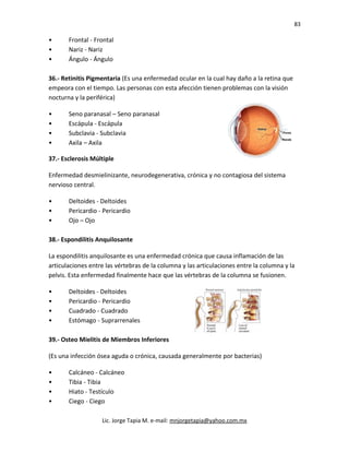 83
• Frontal - Frontal
• Nariz - Nariz
• Ángulo - Ángulo
36.- Retinitis Pigmentaria (Es una enfermedad ocular en la cual hay daño a la retina que
empeora con el tiempo. Las personas con esta afección tienen problemas con la visión
nocturna y la periférica)
• Seno paranasal – Seno paranasal
• Escápula - Escápula
• Subclavia - Subclavia
• Axila – Axila
37.- Esclerosis Múltiple
Enfermedad desmielinizante, neurodegenerativa, crónica y no contagiosa del sistema
nervioso central.
• Deltoides - Deltoides
• Pericardio - Pericardio
• Ojo – Ojo
38.- Espondilitis Anquilosante
La espondilitis anquilosante es una enfermedad crónica que causa inflamación de las
articulaciones entre las vértebras de la columna y las articulaciones entre la columna y la
pelvis. Esta enfermedad finalmente hace que las vértebras de la columna se fusionen.
• Deltoides - Deltoides
• Pericardio - Pericardio
• Cuadrado - Cuadrado
• Estómago - Suprarrenales
39.- Osteo Mielitis de Miembros Inferiores
(Es una infección ósea aguda o crónica, causada generalmente por bacterias)
• Calcáneo - Calcáneo
• Tibia - Tibia
• Hiato - Testículo
• Ciego - Ciego
Lic. Jorge Tapia M. e-mail: mnjorgetapia@yahoo.com.mx
 