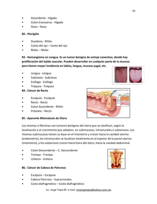 93
• Ascendente - Hígado
• Colon transverso - Hígado
• Iliaco - Iliaco
82.- Pterigión
• Duodeno - Riñón
• Canto del ojo – Canto del ojo
• Malar – Malar
83 - Hemangioma en Lengua. Es un tumor benigno de estirpe conectivo, donde hay
proliferación del tejido vascular. Pueden desarrollar en cualquier parte de la mucosa
pero tienen mayor incidencia en labios, lengua, mucosa yugal, etc.
• Lengua - Lengua
• Subclavia - Subclavia
• Esófago - Esófago
• Tráquea - Tráquea
84.- Cáncer de Recto
• Escápula - Escápula
• Recto - Recto
• Colon Ascendente - Riñón
• Próstata – Recto
85 - Aparente Miomatosis de Útero
Los miomas o fibromas son tumores benignos del útero que se clasifican, según la
localización y el crecimiento que adopten, en submucosos, intramurales o subserosos. Los
miomas submucosos tienen su base en el miometrio y crecen hacia la cavidad uterina
(endometrio), los intramurales se localizan totalmente en el espesor de la pared uterina
(miometrio), y los subserosos crecen hacia fuera del útero, hacia la cavidad abdominal.
• Colon Descendente – C. Descendente
• Trompa - Trompa
• Urétera - Urétera
86.- Cáncer de Cabeza de Páncreas
• Escápula – Escápula
• Cabeza Páncreas - Suprarrenales
• Costo diafragmático – Costo diafragmático
Lic. Jorge Tapia M. e-mail: mnjorgetapia@yahoo.com.mx
 
