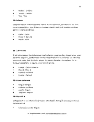 95
• Uretero - Uretero
• Trompa - Trompa
• Tibia - Tibia
91.- Epilepsia
La epilepsia es un síndrome cerebral crónico de causas diversas, caracterizada por crisis
recurrentes debidas a unas descargas excesivas hipersincrónicas de impulsos nerviosos
por las neuronas cerebrales
• Cuello - Cuello
• Dorsal 2 - Dorsal 2
• Malar – Malar
92.- Astrocitoma
El astrocitoma es un tipo de tumor cerebral maligno o canceroso. Este tipo de tumor surge
de células pequeñas, con forma de estrella del cerebro llamadas astrocitos. Los astrocitos
son uno de varios tipos de células soporte del cerebro llamadas células gliales. Por lo
tanto, un astrocitoma es algunas veces llamado glioma.
• Parietal - Colon transverso
• Plexo C - Plexo C
• Escápula - Escápula
• Parietal – Parietal
93.- Cáncer de Lengua
• Lengua - Lengua
• Escápula - Escápula
• Ángulo - Ángulo
• Tráquea – Tráquea
94.- Hepatitis A
La hepatitis A es una inflamación (irritación e hinchazón) del hígado causada por el virus
de la hepatitis A.
• Colon descendente - Hígado
Lic. Jorge Tapia M. e-mail: mnjorgetapia@yahoo.com.mx
 