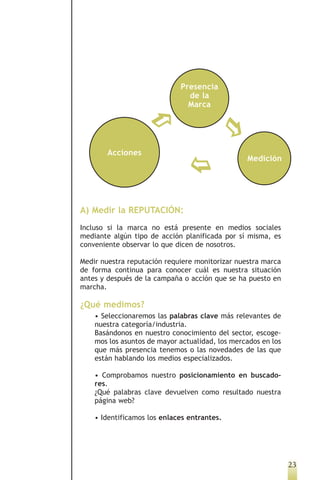 Presencia
                               de la
                               Marca




        Acciones
                                                 Medición




A) Medir la REPUTACIÓN:
Incluso si la marca no está presente en medios sociales
mediante algún tipo de acción planificada por sí misma, es
conveniente observar lo que dicen de nosotros.

Medir nuestra reputación requiere monitorizar nuestra marca
de forma continua para conocer cuál es nuestra situación
antes y después de la campaña o acción que se ha puesto en
marcha.

¿Qué medimos?
    • Seleccionaremos las palabras clave más relevantes de
    nuestra categoría/industria.
    Basándonos en nuestro conocimiento del sector, escoge-
    mos los asuntos de mayor actualidad, los mercados en los
    que más presencia tenemos o las novedades de las que
    están hablando los medios especializados.

    • Comprobamos nuestro posicionamiento en buscado-
    res.
    ¿Qué palabras clave devuelven como resultado nuestra
    página web?

    • Identificamos los enlaces entrantes.




                                                               23
 
