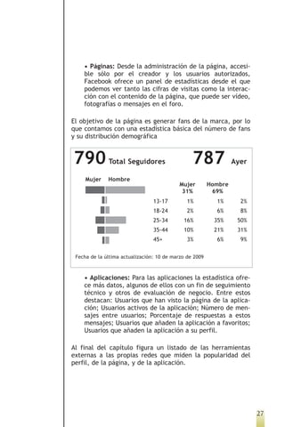 • Páginas: Desde la administración de la página, accesi-
    ble sólo por el creador y los usuarios autorizados,
    Facebook ofrece un panel de estadísticas desde el que
    podemos ver tanto las cifras de visitas como la interac-
    ción con el contenido de la página, que puede ser vídeo,
    fotografías o mensajes en el foro.

El objetivo de la página es generar fans de la marca, por lo
que contamos con una estadística básica del número de fans
y su distribución demográfica


790           Total Seguidores                   787              Ayer

     Mujer    Hombre
                                            Mujer        Hombre
                                             31%          69%
                                 13-17         1%          1%       2%
                                 18-24         2%          6%       8%
                                 25-34       16%           35%     50%
                                 35-44       10%           21%     31%
                                 45+           3%          6%       9%


 Fecha de la última actualización: 10 de marzo de 2009



    • Aplicaciones: Para las aplicaciones la estadística ofre-
    ce más datos, algunos de ellos con un fin de seguimiento
    técnico y otros de evaluación de negocio. Entre estos
    destacan: Usuarios que han visto la página de la aplica-
    ción; Usuarios activos de la aplicación; Número de men-
    sajes entre usuarios; Porcentaje de respuestas a estos
    mensajes; Usuarios que añaden la aplicación a favoritos;
    Usuarios que añaden la aplicación a su perfil.

Al final del capítulo figura un listado de las herramientas
externas a las propias redes que miden la popularidad del
perfil, de la página, y de la aplicación.




                                                                         27
 