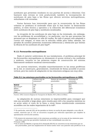 P l a n d e A c c e s i b i l i d a d “ A C C E P L A N ” L I B R O B L A N C O
108
autobuses que presentan escalones en sus puertas de acceso o descenso. Con
bastante más retraso se está produciendo también la incorporación de
autobuses de piso bajo a las flotas que ofrecen servicios metropolitanos,
suburbanos o de cercanías.
Varios factores han intervenido para que la reconversión de las flotas
urbanas se produzca al acelerado ritmo que lo han hecho: la financiación
pública, el éxito técnico y operativo y la reducción del diferencial económico
entre autobuses de piso bajo y autobuses escalonados.
La irrupción de los autobuses de piso bajo no ha terminado, sin embargo,
con los problemas de accesibilidad y, en particular, con los que presentan las
personas que se desplazan en silla de ruedas. No todo el parque está adaptado o
cuenta con rampas, ni estas son la solución válida para todos; además, las
paradas de autobús presentan numerosas deficiencias y obstáculos que limitan
la eficacia de los autobuses de piso bajo86.
9.1.2. Ferrocarriles metropolitanos
Dado el carácter subterráneo de sus instalaciones, el problema principal de
los ferrocarriles metropolitanos es obviamente el acceso vertical a los vestíbulos
y andenes, resuelto en las primeras etapas de construcción del sistema
básicamente mediante escaleras convencionales.
Las nuevas estaciones, situadas mayoritariamente en las zonas periféricas
de la red, se construyen, generalmente, resolviendo de forma accesible el acceso
vertical, pero los costes de adaptación en las estaciones antiguas son muy altos.
Tabla 9.2. Las estaciones practicables en los ferrocarriles metropolitanos en 2000.
Número total de
estaciones87
Número de estaciones
practicables
Porcentaje de
estaciones
practicables
Madrid 156 40 26%
Barcelona88 90 18 20%
Bilbao 24 24 100%
Valencia 59 43 73%
Total 329 125 38%
Fuentes: ATM, Consorcio Regional de Transportes de Madrid, FGV y Metro de Bilbao.
La adaptación de nuevas estaciones es imprescindible para conseguir que
esta sea accesible a largo plazo, pero resulta poco útil a los usuarios mientras no
se actúe sobre el resto de la línea u otras líneas estableciendo conexiones
accesibles con los nodos importantes de la red89.
86 En particular, más del 20% de las paradas no tienen un ancho de paso adaptado a una silla de
ruedas, mientras que el 15% se encuentra ocupada por vehículos aparcados que impiden la
aproximación correcta del autobús.
87 El número de estaciones total y el de estaciones accesibles no es la suma de las existentes para
cada línea, pues las que permiten trasbordo se han contabilizado una sola vez.
88 Fuente: ATM.
89 En el metro de Madrid, el grueso de la demanda (82,6%) se concentra en las estaciones que no
son practicables, pues las ampliaciones de líneas suelen tener una posición más periférica en la
 