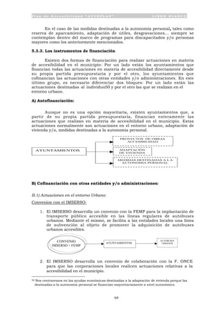 P l a n d e A c c e s i b i l i d a d “ A C C E P L A N ” L I B R O B L A N C O
68
En el caso de las medidas destinadas a la autonomía personal, tales como
reserva de aparcamiento, adaptación de útiles, desgravaciones... siempre se
contemplan dentro del marco de programas para discapacitados y/o personas
mayores como los anteriormente mencionados.
5.3.3. Los instrumentos de financiación
Existen dos formas de financiación para realizar actuaciones en materia
de accesibilidad en el municipio: Por un lado están los ayuntamientos que
financian todas las actuaciones en materia de accesibilidad directamente desde
su propia partida presupuestaria y por el otro, los ayuntamientos que
cofinancian las actuaciones con otras entidades y/o administraciones. En este
último grupo, es necesario diferenciar dos bloques: Por un lado están las
actuaciones destinadas al individuo50 y por el otro las que se realizan en el
entorno urbano.
A) Autofinanciación:
Aunque no es una opción mayoritaria, existen ayuntamientos que, a
partir de su propia partida presupuestaria, financian enteramente las
actuaciones que realizan en materia de accesibilidad en el municipio. Estas
actuaciones normalmente son actuaciones en el entorno urbano, adaptación de
vivienda y/o, medidas destinadas a la autonomía personal.
B) Cofinanciación con otras entidades y/o administraciones:
B.1) Actuaciones en el entorno Urbano:
Convenios con el IMSERSO:
1. El IMSERSO desarrolla un convenio con la FEMP para la implantación de
transporte público accesible en las líneas regulares de autobuses
urbanos. Mediante el mismo, se facilita a las entidades locales una línea
de subvención al objeto de promover la adquisición de autobuses
urbanos accesibles.
2. El IMSERSO desarrolla un convenio de colaboración con la F. ONCE
para que las corporaciones locales realicen actuaciones relativas a la
accesibilidad en el municipio.
50 Nos centraremos en las ayudas económicas destinadas a la adaptación de vivienda porque las
destinadas a la autonomía personal se financian mayoritariamente a nivel autonómico.
AYUNTAMIENTOS
PROYECTOS DE OBRAS
ACCESIBILIDAD
ADAPTACIÓN
DE VIVIENDA
MEDIDAS DESTINADAS A L A
AUTONOMIA PERSONAL
CONVENIO
IMSERSO + FEMP
AYUNTAMIENTOS
AUTOBUSES
URBANOS
 