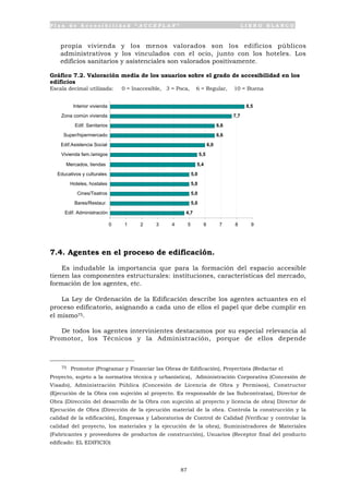 P l a n d e A c c e s i b i l i d a d “ A C C E P L A N ” L I B R O B L A N C O
87
propia vivienda y los menos valorados son los edificios públicos
administrativos y los vinculados con el ocio, junto con los hoteles. Los
edificios sanitarios y asistenciales son valorados positivamente.
Gráfico 7.2. Valoración media de los usuarios sobre el grado de accesibilidad en los
edificios
Escala decimal utilizada: 0 = Inaccesible, 3 = Poca, 6 = Regular, 10 = Buena
4,7
5,0
5,0
5,0
5,0
5,4
5,5
6,0
6,6
6,6
7,7
8,5
0 1 2 3 4 5 6 7 8 9
Edif. Administración
Bares/Restaur.
Cines/Teatros
Hoteles, hostales
Educativos y culturales
Mercados, tiendas
Vivienda fam./amigos
Edif.Asistencia Social
Super/hipermercado
Edif. Sanitarios
Zona común vivienda
Interior vivienda
7.4. Agentes en el proceso de edificación.
Es indudable la importancia que para la formación del espacio accesible
tienen las componentes estructurales: instituciones, características del mercado,
formación de los agentes, etc.
La Ley de Ordenación de la Edificación describe los agentes actuantes en el
proceso edificatorio, asignando a cada uno de ellos el papel que debe cumplir en
el mismo75.
De todos los agentes intervinientes destacamos por su especial relevancia al
Promotor, los Técnicos y la Administración, porque de ellos depende
75 Promotor (Programar y Financiar las Obras de Edificación), Proyectista (Redactar el
Proyecto, sujeto a la normativa técnica y urbanística), Administración Corporativa (Concesión de
Visado), Administración Pública (Concesión de Licencia de Obra y Permisos), Constructor
(Ejecución de la Obra con sujeción al proyecto. Es responsable de las Subcontratas), Director de
Obra (Dirección del desarrollo de la Obra con sujeción al proyecto y licencia de obra) Director de
Ejecución de Obra (Dirección de la ejecución material de la obra. Controla la construcción y la
calidad de la edificación), Empresas y Laboratorios de Control de Calidad (Verificar y controlar la
calidad del proyecto, los materiales y la ejecución de la obra), Suministradores de Materiales
(Fabricantes y proveedores de productos de construcción), Usuarios (Receptor final del producto
edificado: EL EDIFICIO)
 